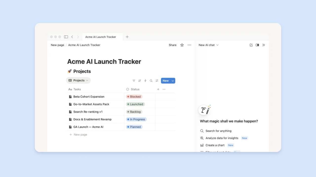 Notion AI interface showing Acme AI Launch Tracker projects table with status tags and AI chat panel text What magic shall we make happen?