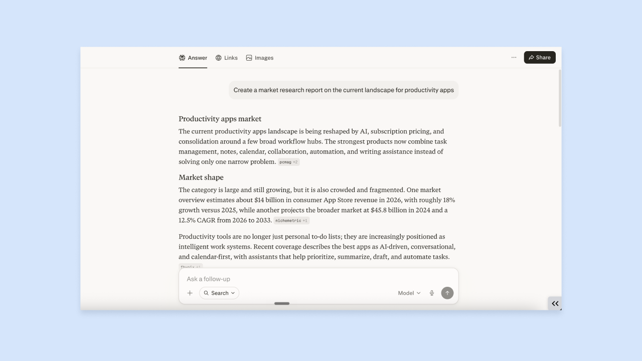 Perplexity interface showing AI answer titled Productivity apps market with Market shape section and prompt Create a market research report on productivity apps