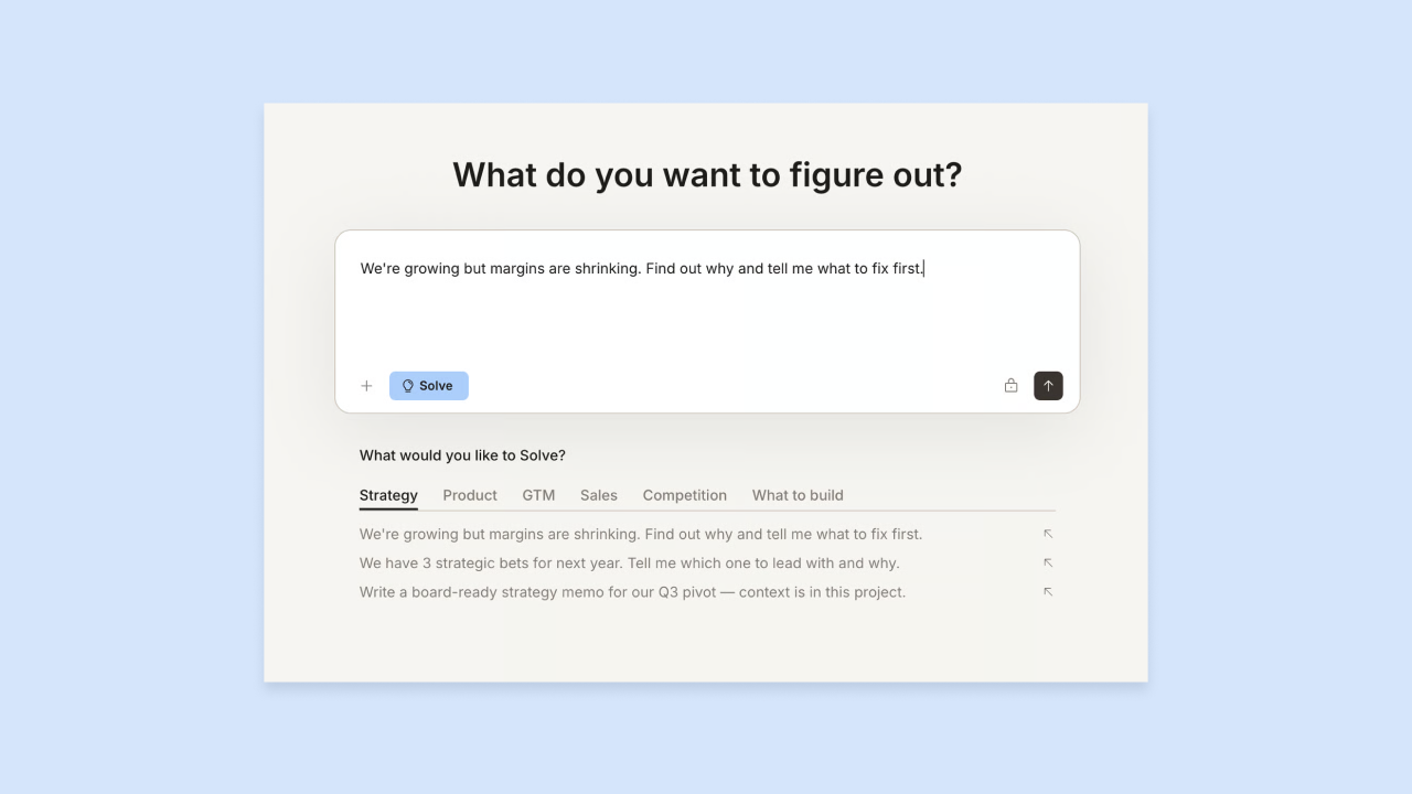 Rocket app interface with prompt What do you want to figure out and typed query about shrinking margins, plus Strategy templates and Solve button