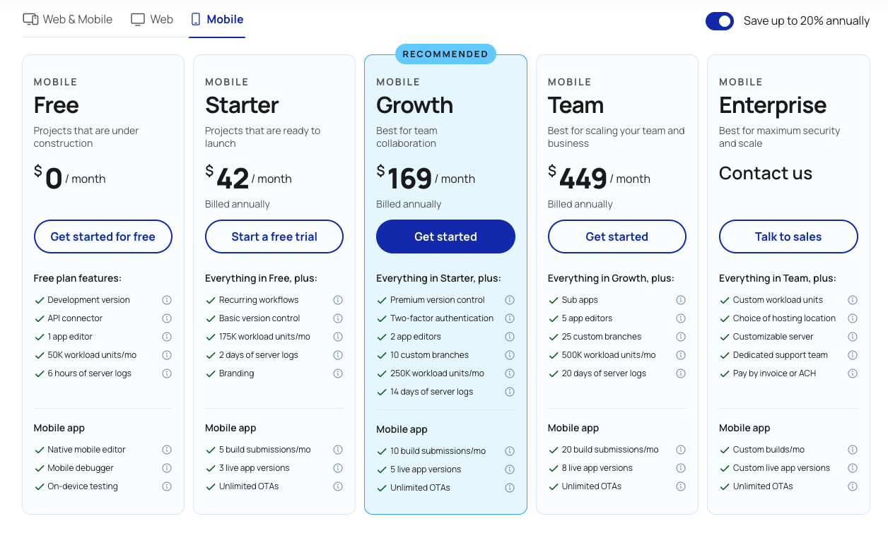 A screenshot of Bubble's pricing page, toggled to mobile plans