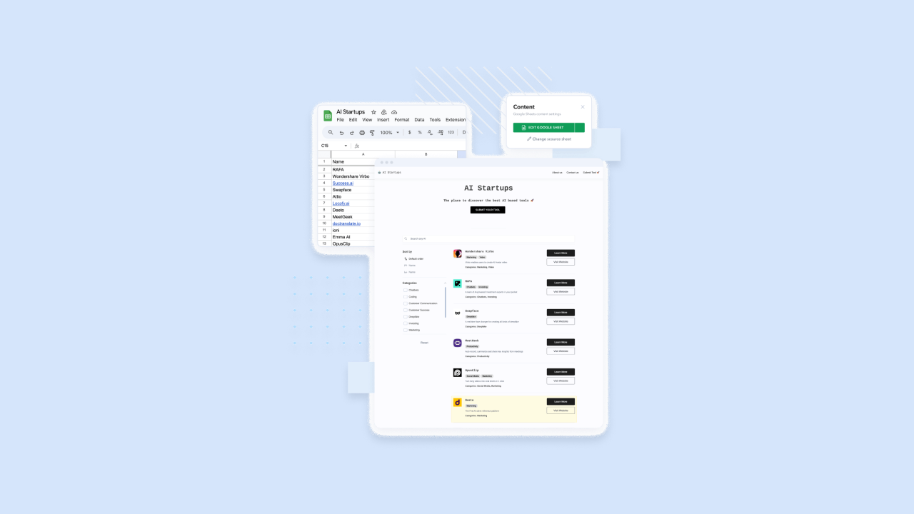 AI Startups directory website fed by Google Sheets data, showing tool list with categories and buttons, plus Content panel with Edit Google Sheet