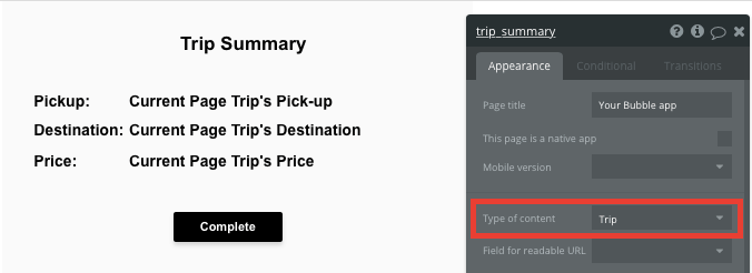 Bubble trip summary page with dynamic elements displaying current trip details