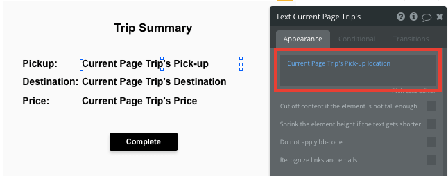 Bubble workflow updating the current trip's complete status to yes when driver clicks Complete