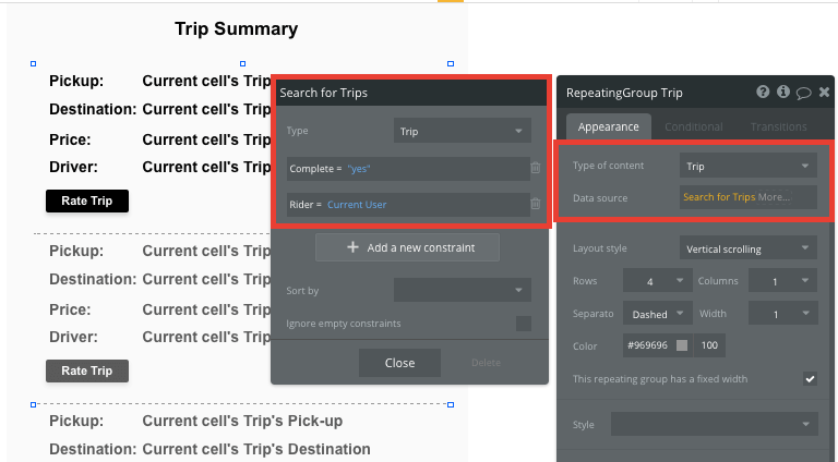 Bubble repeating group showing completed trips filtered to the current user's account
