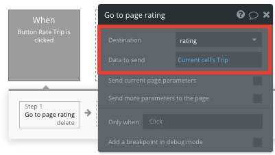 Bubble workflow navigating to the rating page and passing current trip data