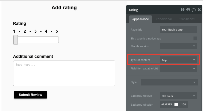 Rating page configured as Trip type with a slider and multiline input for reviews