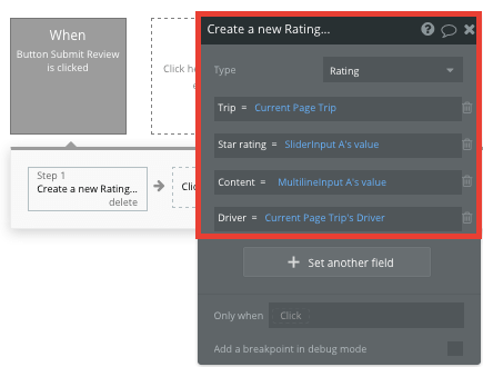 Bubble workflow creating a new Rating record mapped to on-page review elements