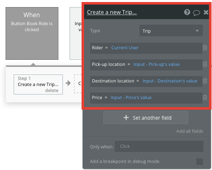 Configuring a Create new trip button