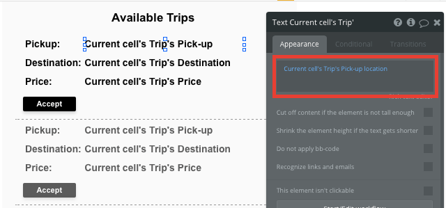 Configuring a repeating group's pick-up location