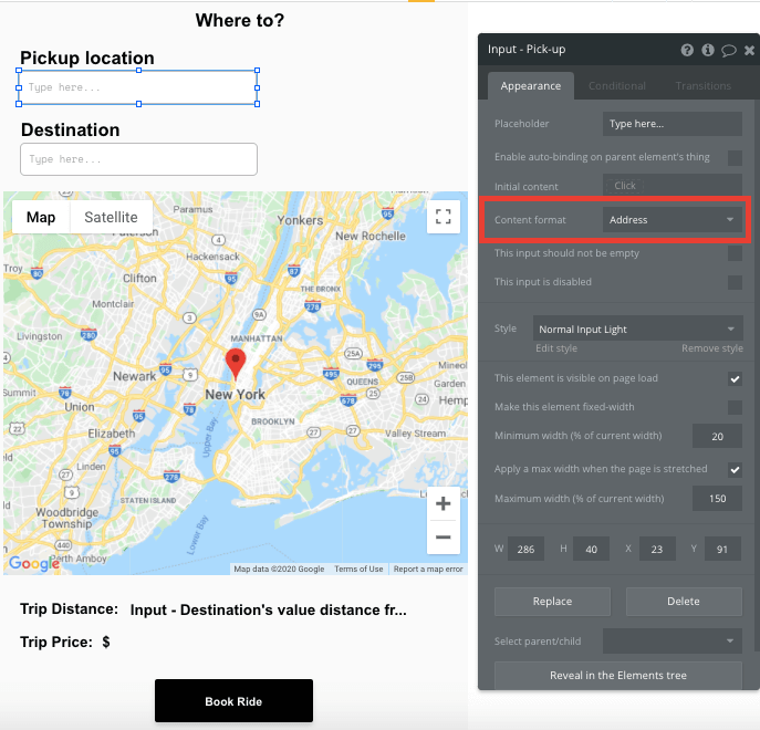Configuring a pick-up location input