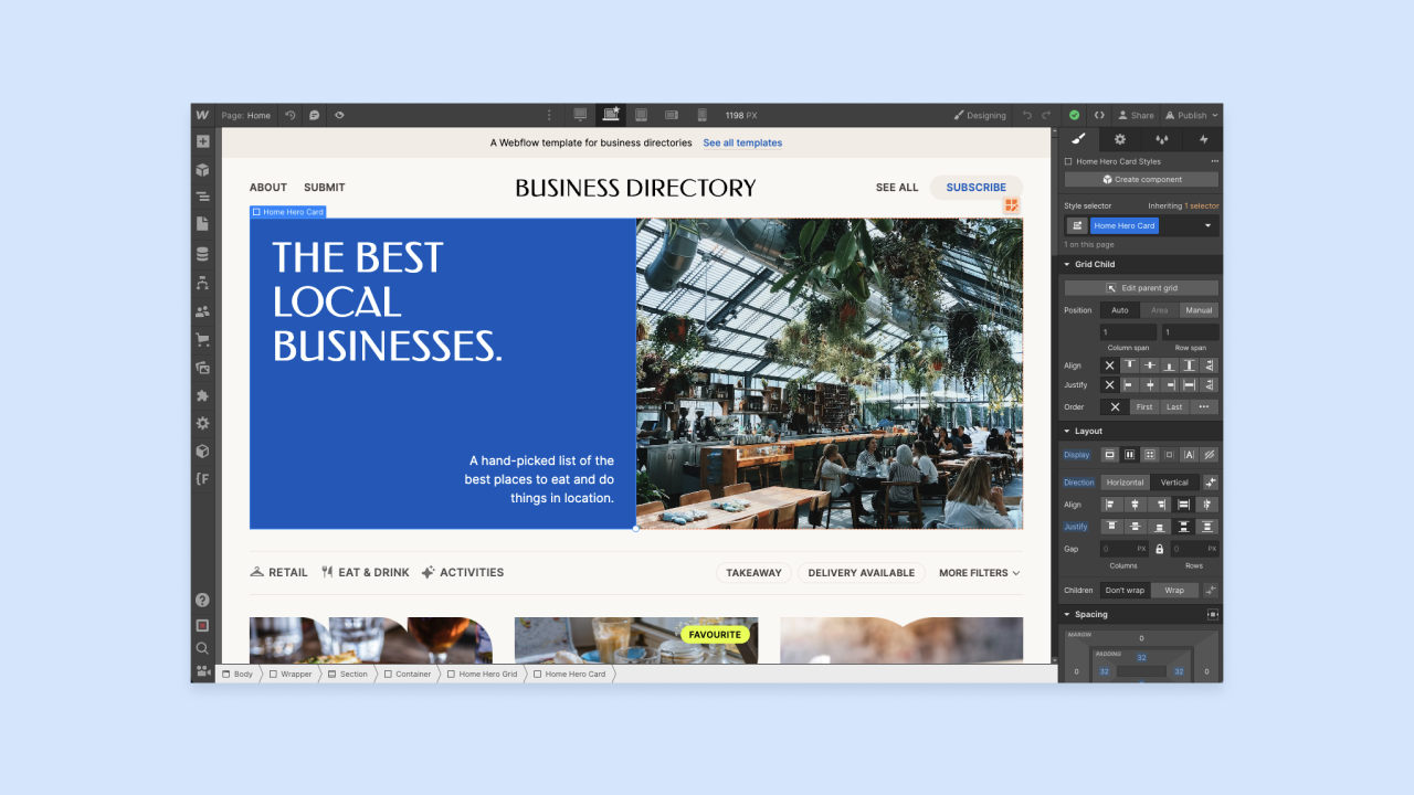 Webflow Designer interface editing Business Directory template, hero text THE BEST LOCAL BUSINESSES with restaurant photo and layout panels