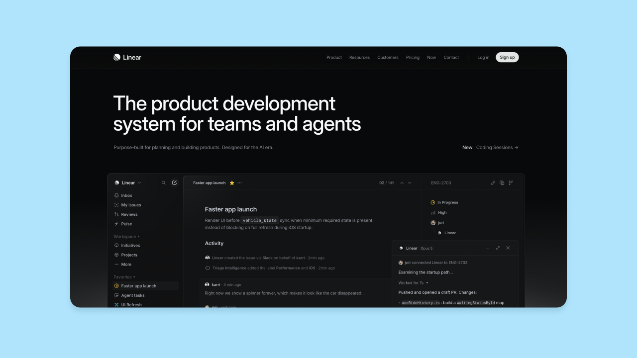 Linear product development system homepage with dark UI and headline The product development system for teams and agents