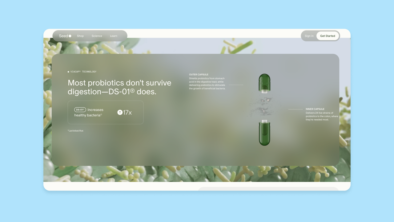 Seed probiotics website hero with text “Most probiotics don't survive digestion—DS-01 does” and exploded green capsule diagram