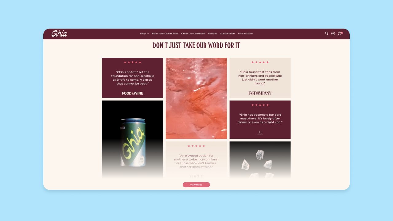 Ghia website bento grid with review quotes, stars, drink can, pink cocktail close-up, and ice cubes under heading DON’T JUST TAKE OUR WORD FOR IT