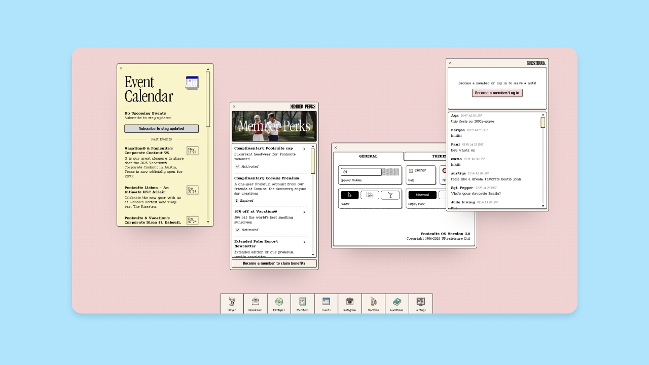 Anti-grid brutalist UI with overlapping windows: Event Calendar, Member Perks, settings panel, and Guestbook on a pastel desktop