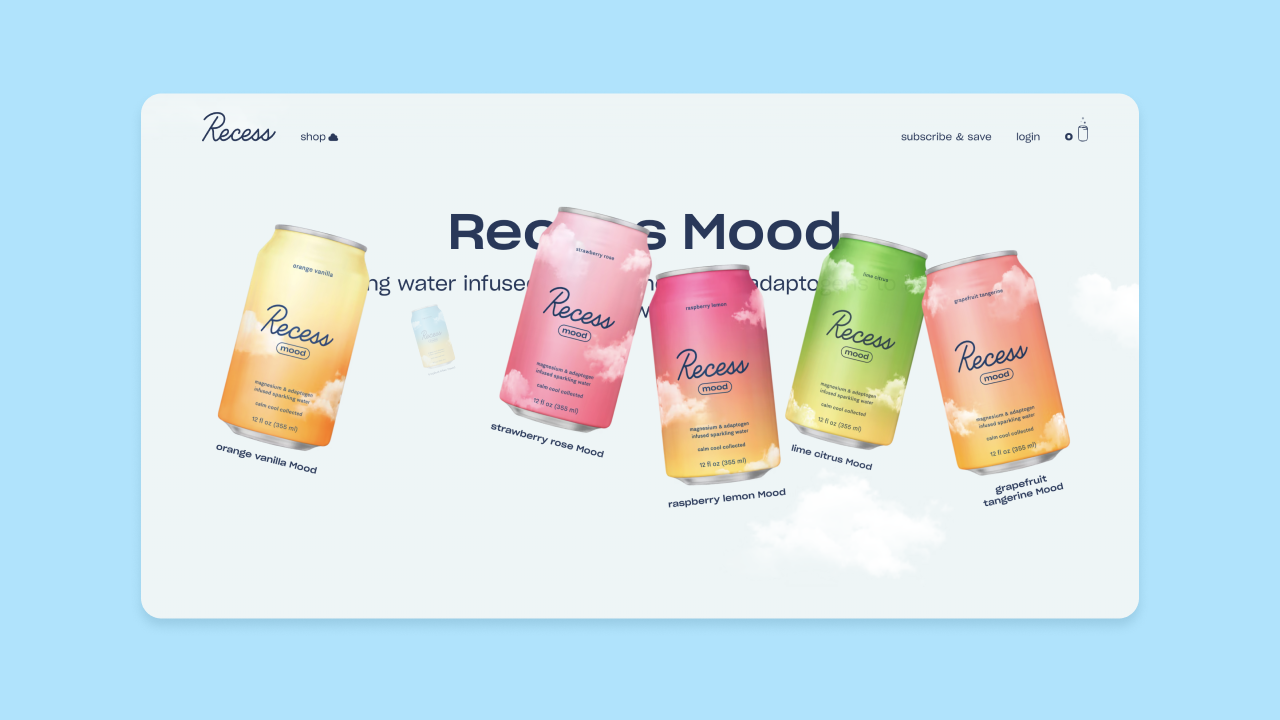 Recess Mood landing page with five Recess mood sparkling water cans: orange vanilla, strawberry rose, raspberry lemon, lime citrus, grapefruit tangerine