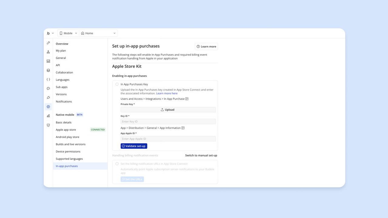 Bubble editor screen showing Set up in-app purchases with Apple Store Kit fields for private key upload, key ID, app Apple ID, and Validate set-up button