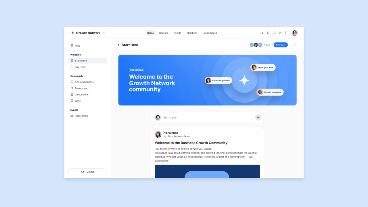 Growth Network community dashboard on Circle with welcome banner, left navigation menu, and member post feed interface