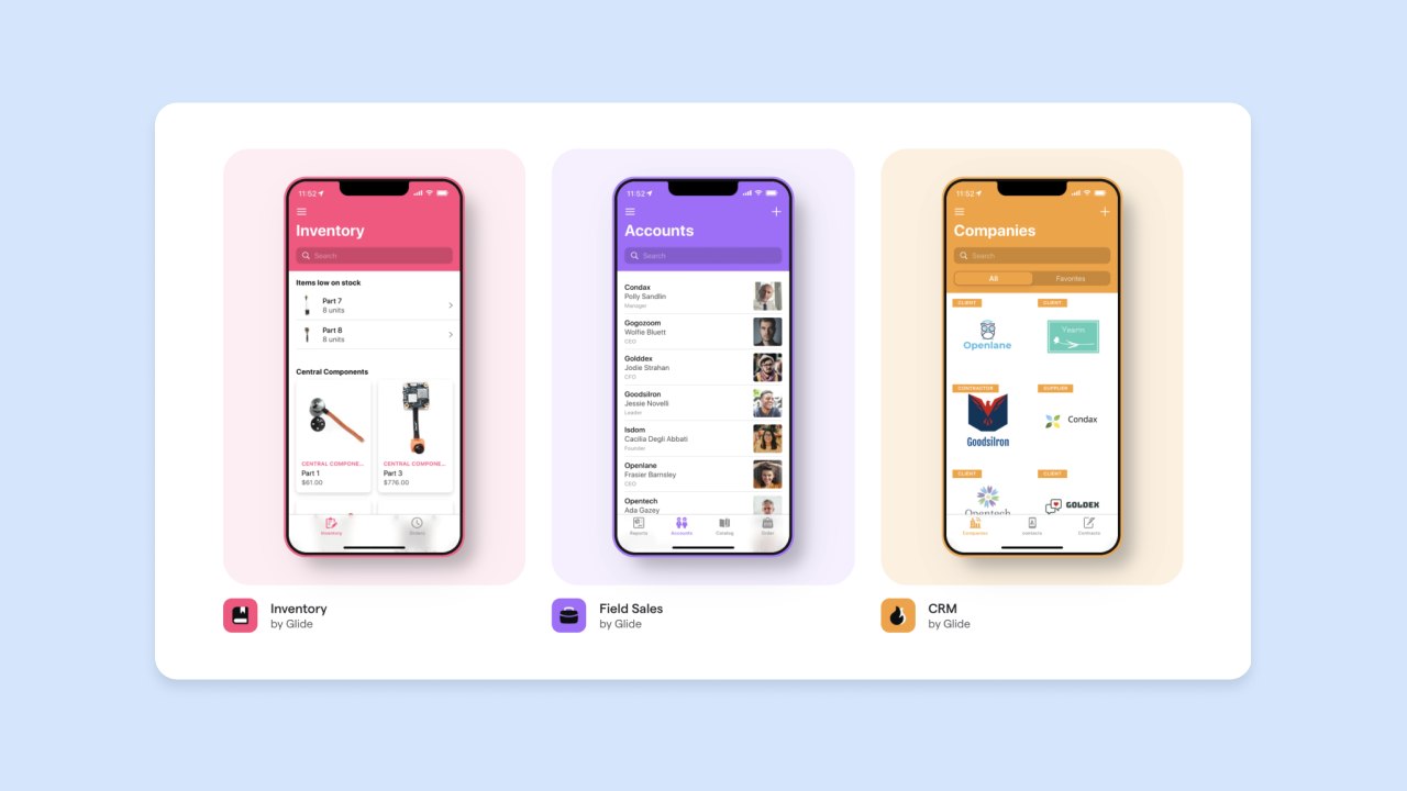 Glide mobile app templates on three phones: Inventory, Field Sales Accounts, and CRM Companies screens with sample lists and logos