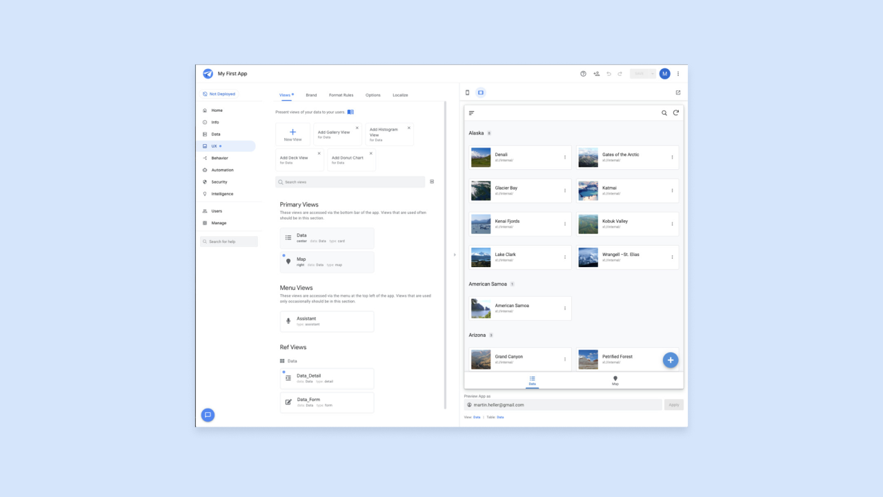 Google AppSheet editor with My First App views panel and mobile preview showing Alaska and Arizona location cards like Denali and Grand Canyon