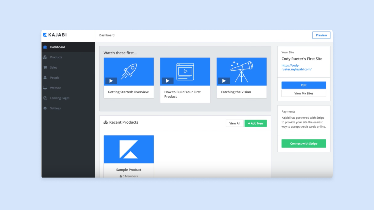 Kajabi dashboard interface showing tutorial videos, site info for Cody Rueter's First Site, Recent Products section, and Connect with Stripe button