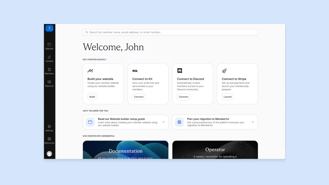 Memberful dashboard interface with Welcome, John header and quick-start cards to build website and connect to Kit, Discord, and Stripe