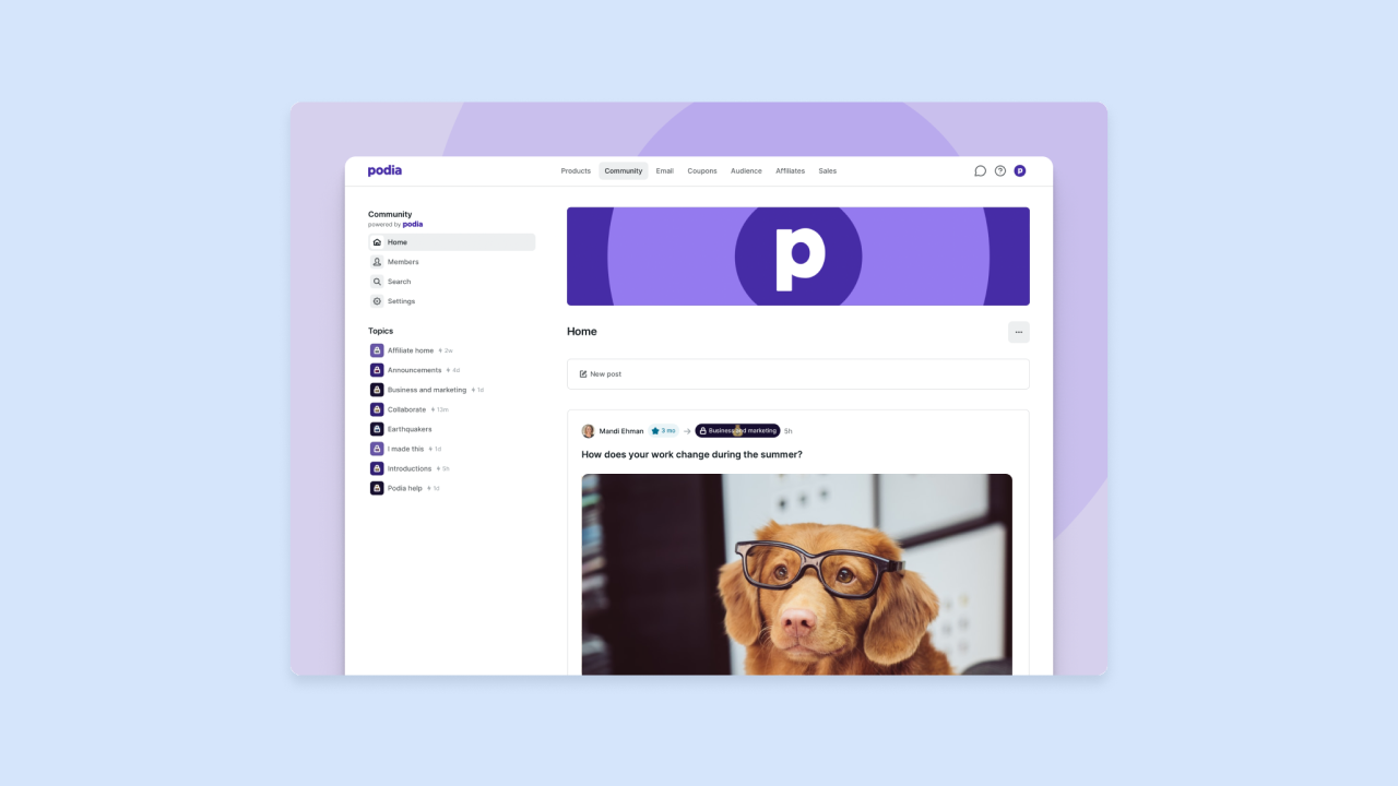 Podia Community interface with purple header and p logo, left topic menu, and post titled How does your work change during the summer? with dog photo
