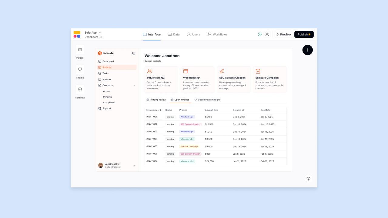 Softr dashboard interface showing Welcome Jonathon, project cards and invoices table with status, amount due, and due dates