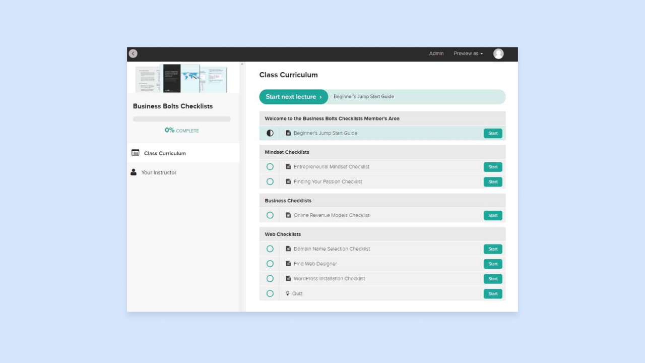 Teachable course dashboard showing Business Bolts Checklists class curriculum with Start buttons, 0% complete progress, and checklist modules