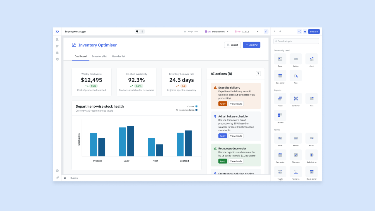 ToolJet Inventory Optimiser dashboard UI with KPI cards, stock health bar chart, and AI actions panel in app builder interface