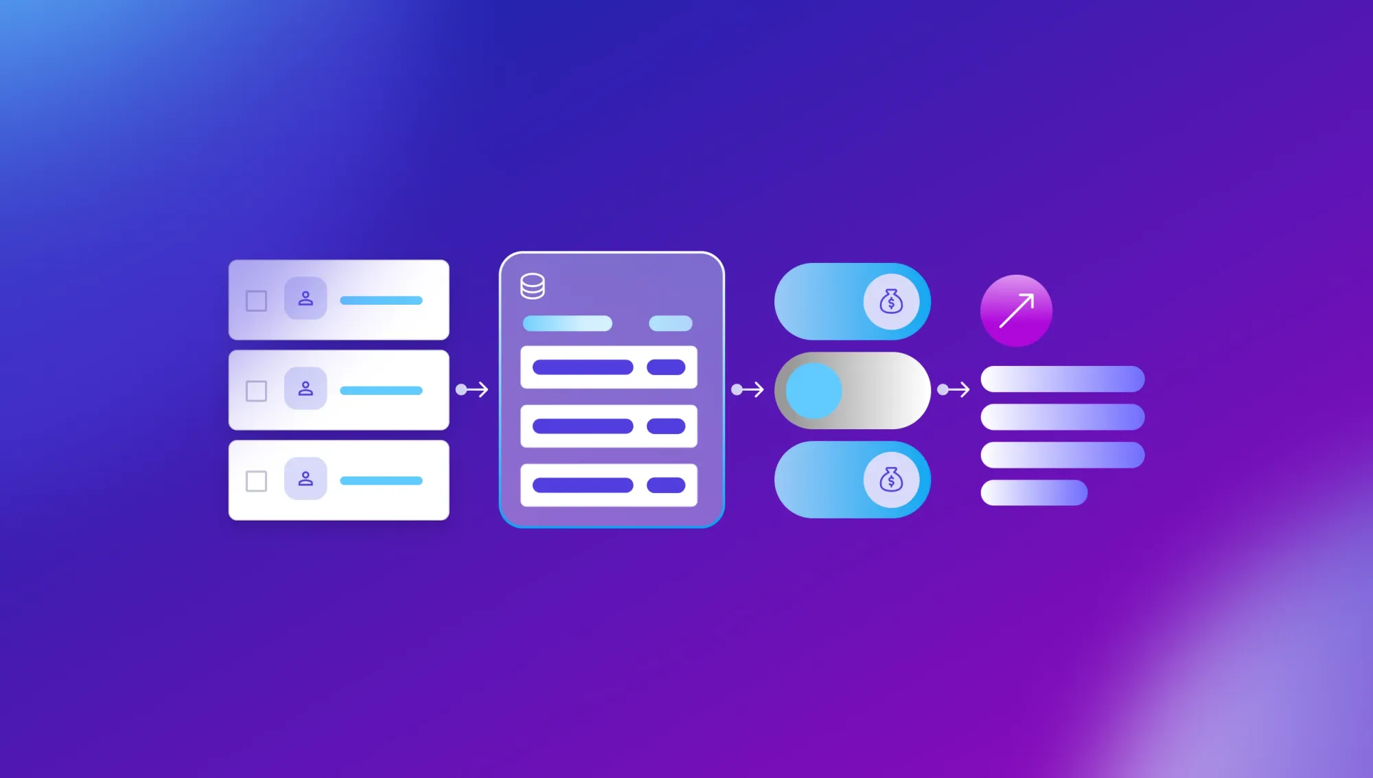 CRM builder concept illustration showing customer lists flowing into a database, then segmented into automated workflows and growth metrics on purple background