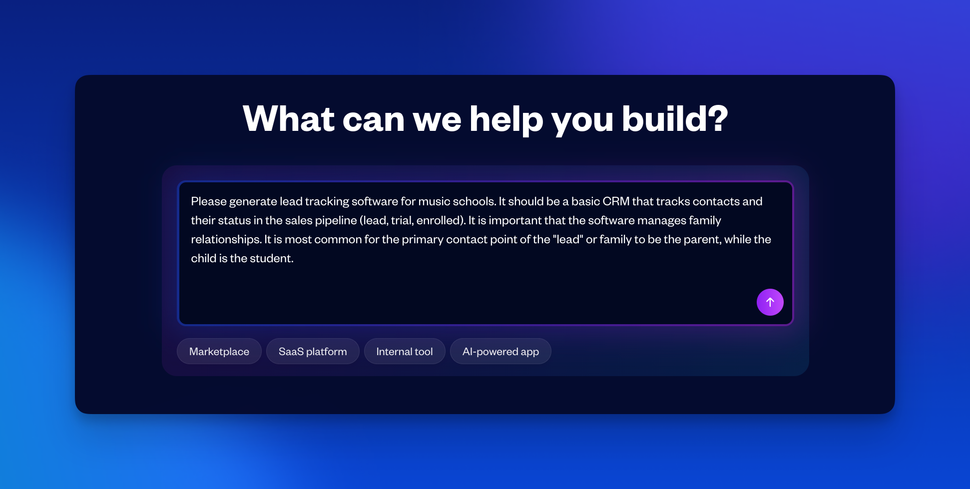 Bubble AI prompt screen with a music school CRM request describing lead tracking, sales pipeline stages, and parent-student family relationships