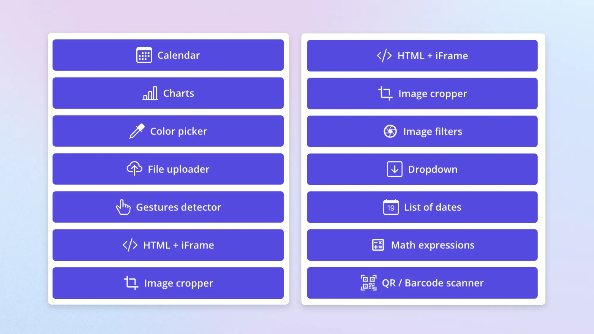 Purple buttons listing Bubble mobile plugins: calendar, charts, color picker, file uploader, image cropper, QR scanner