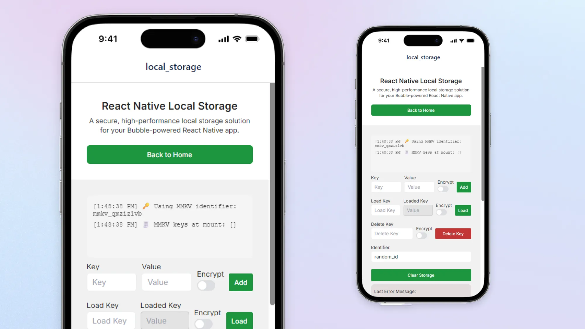 Phones showing Bubble React Native Local Storage demo with key/value inputs, encrypt toggles, and add, load, delete buttons