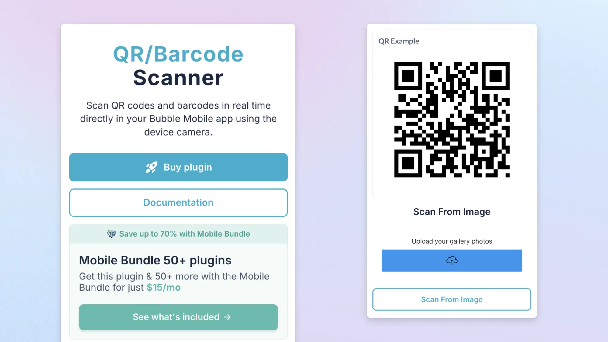 QR/Barcode Scanner plugin for Bubble Mobile with buy and docs buttons, Mobile Bundle offer, and scan-from-image QR demo