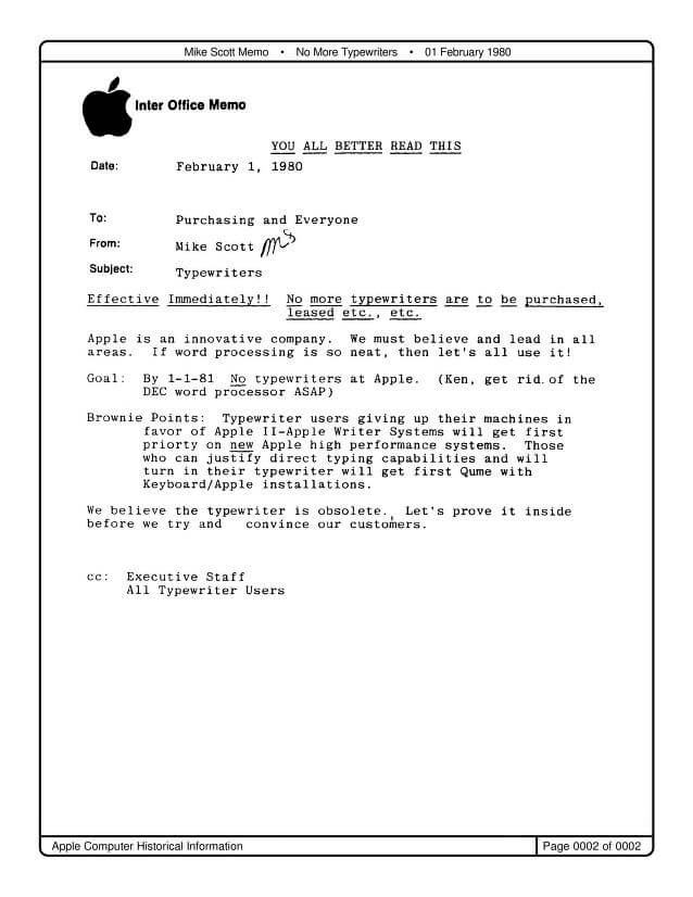 A company memo from Apple announcing no more typewriters will be used at the company.