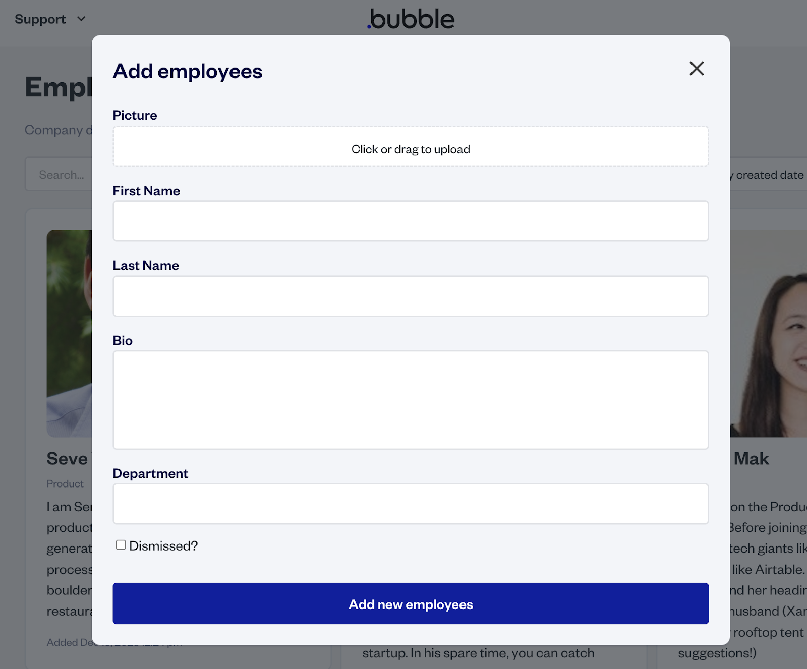 An online text form for adding new employees.