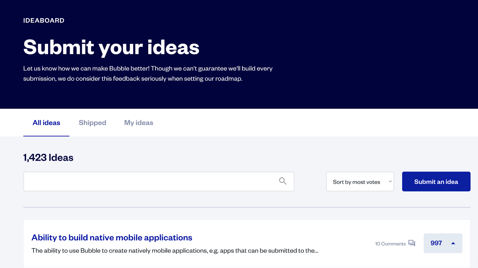 Bubble's Ideaboard interface, with a button to submit an idea.