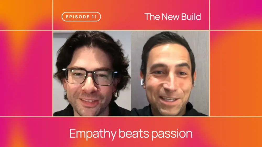 Emmanuel Straschnov and Scott Belsky on a pink and orange backgroun