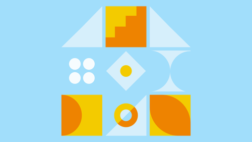 An arrangement of orange geometric shapes on a solid background. They give a feeling remnicient of building.