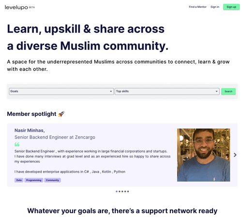 A screenshot of Levelupo's homepage. 