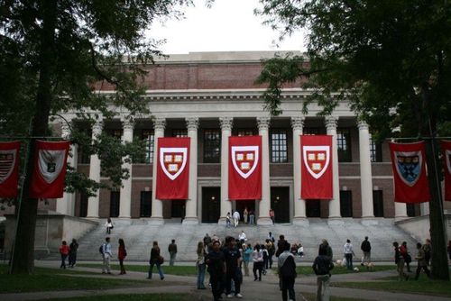Photograph of the front steps leading to Harvard University.