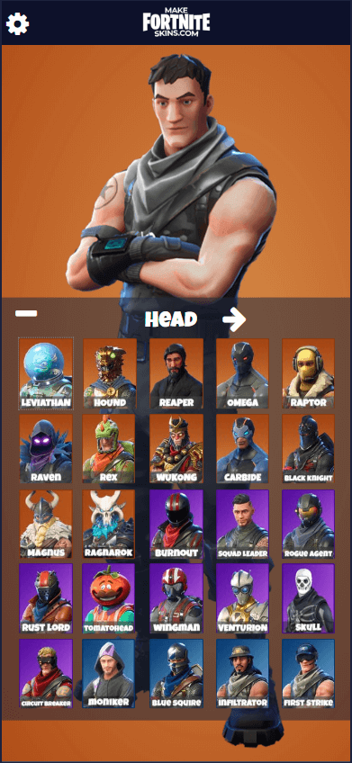 Screenshot of Make Fortnite Skins app - choosing a head.