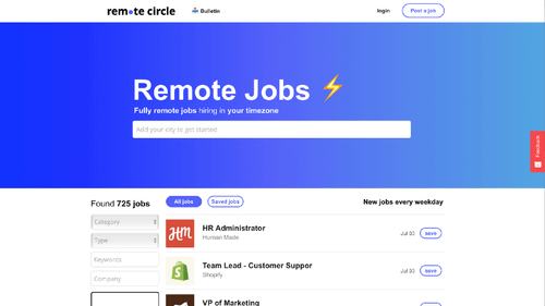 Screenshot of Remote Circle website with job listings. Blue header with search bar.