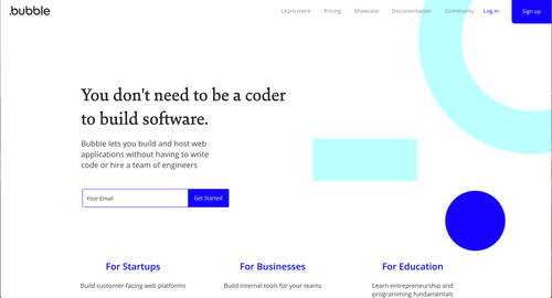 Bubble.io sign up page. Colors are blue, light teal, and white.