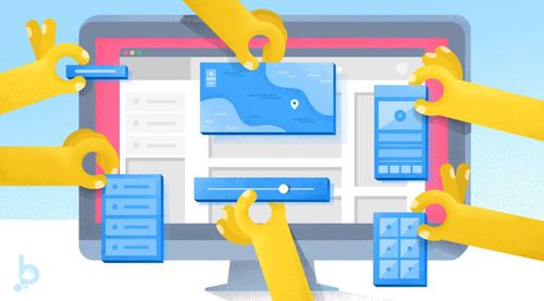 Six hands holding images, maps, and website sections in front of a computer monitor.