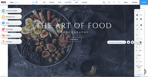 A screenshot of Wix's anvas building a photography website.