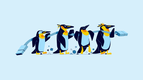 A row of four penguins carrying a USB cable.