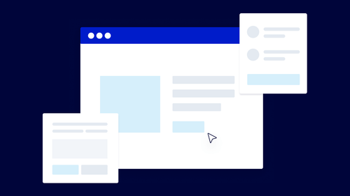 An illustration of browser windows and a cursor with report-style pages surrounding it.