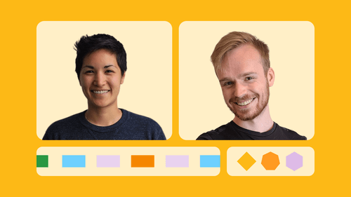 Headshots of Bubble Developers Maria Posa and John Carter above a series of colorful geometric shapes.